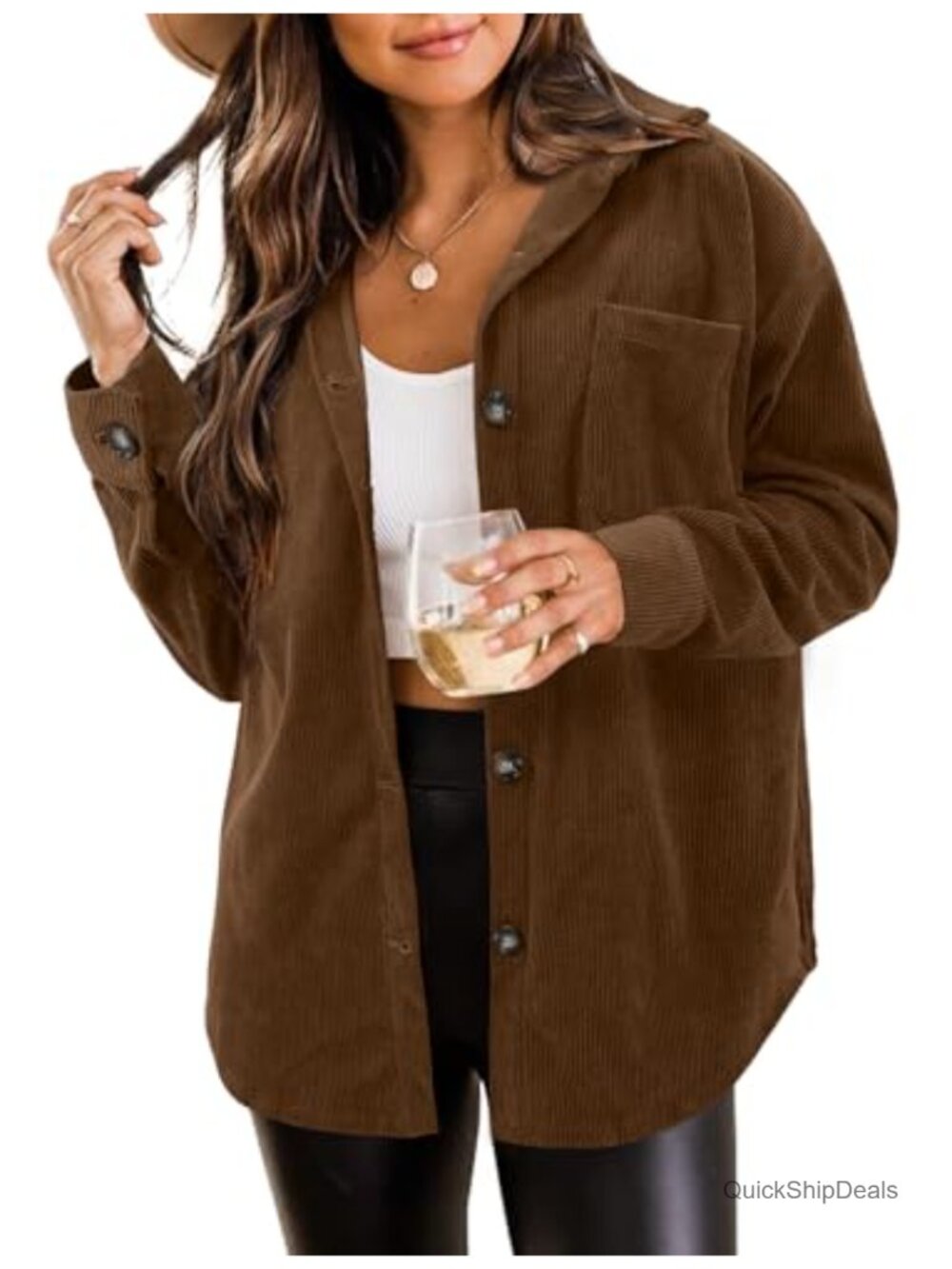 Womens Corduroy Button Down Shacket Loose Fit Casual Jacket